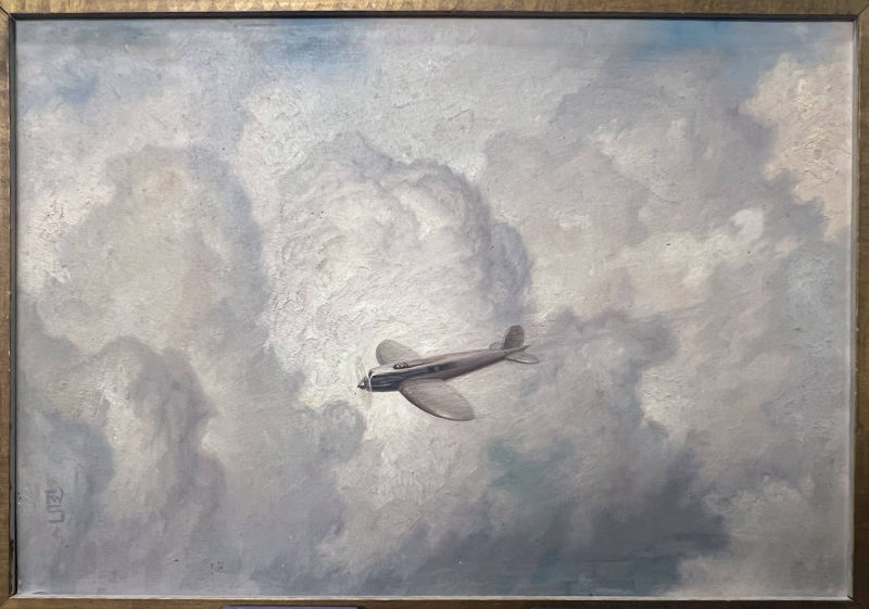 Fritz W. Schulz Painting: "Heinkel = H.e70= Blitz-Flugzeug, Öl auf Hartfaser, 46,5 x 32,5cm